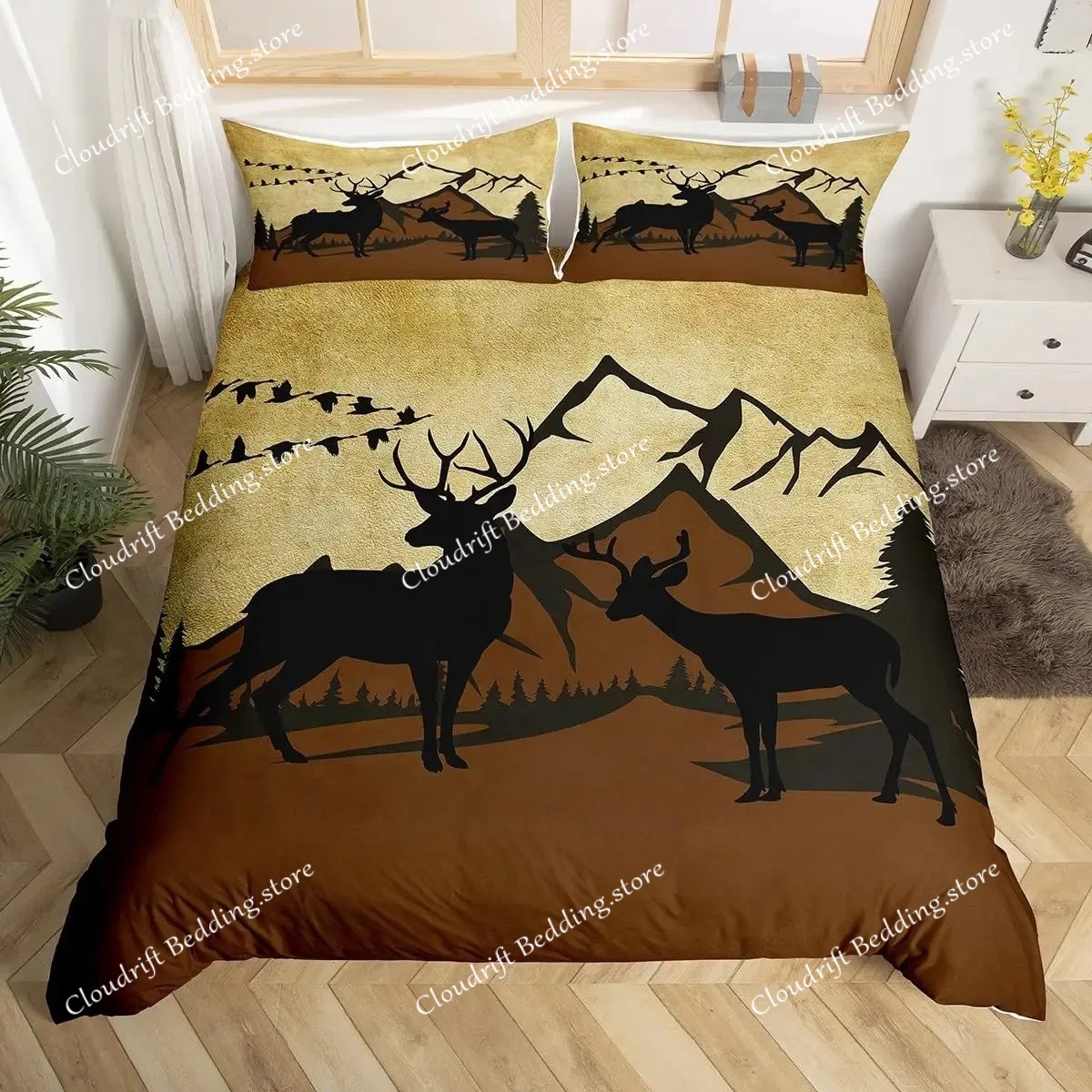Hunting And Camping In Forest - 사슴 엘크 이불 커버 킹 퀸