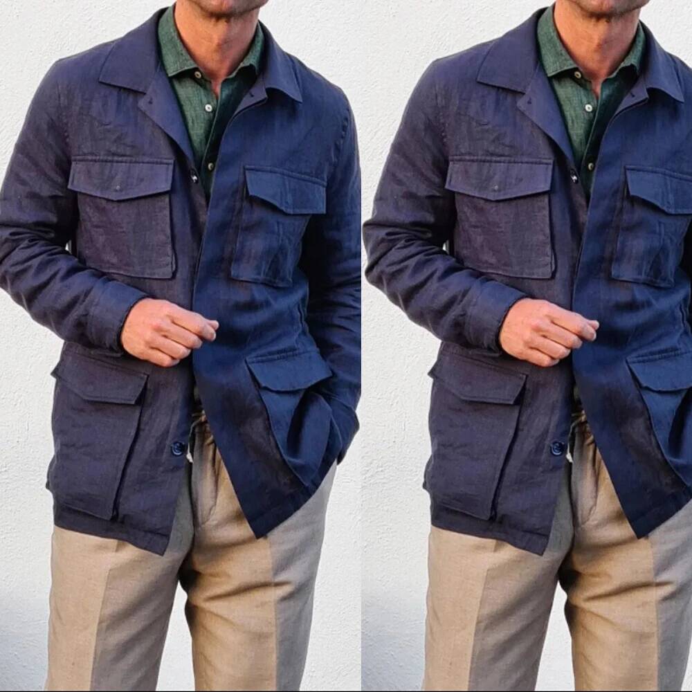 Safari Outdoor Hunting Jackets - 빈티지 린넨 남성 사파리 네이비 헌팅