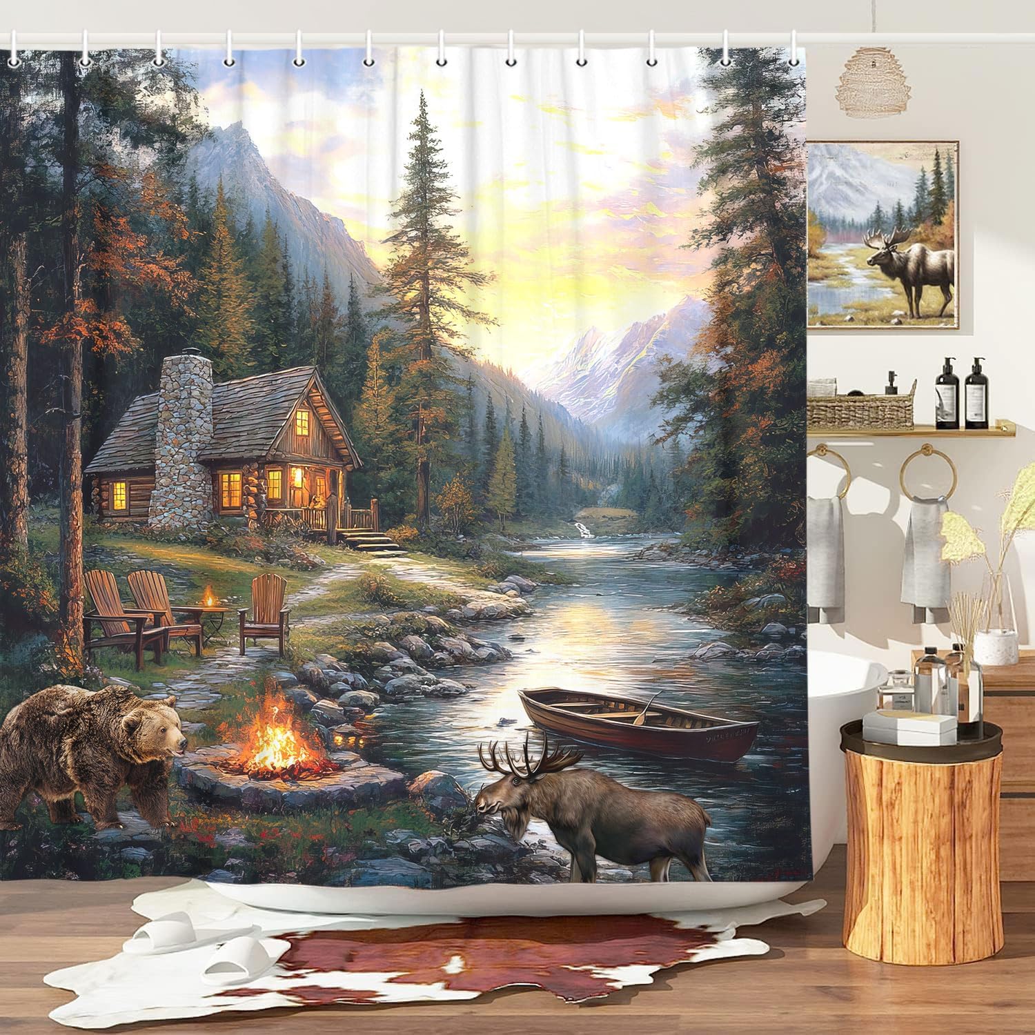 Hunting And Camping In Forest - 러스틱 캐빈 로지 샤워 커튼 (곰,