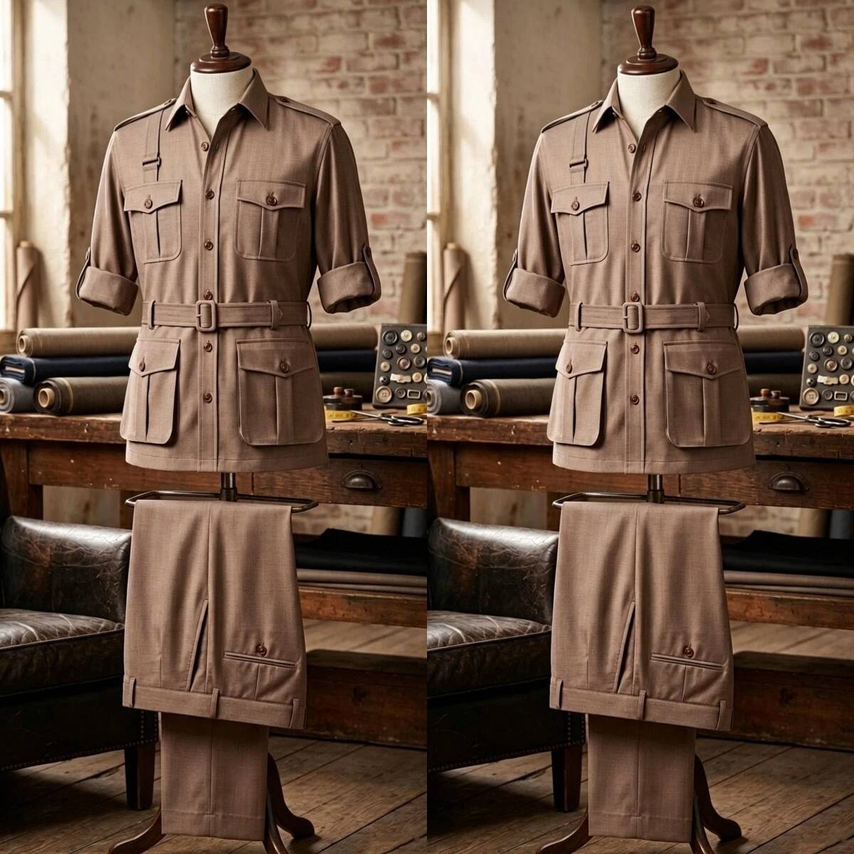 Safari Outdoor Hunting Jackets - 카키색 2피스 남성 사파리 수트 빈티지