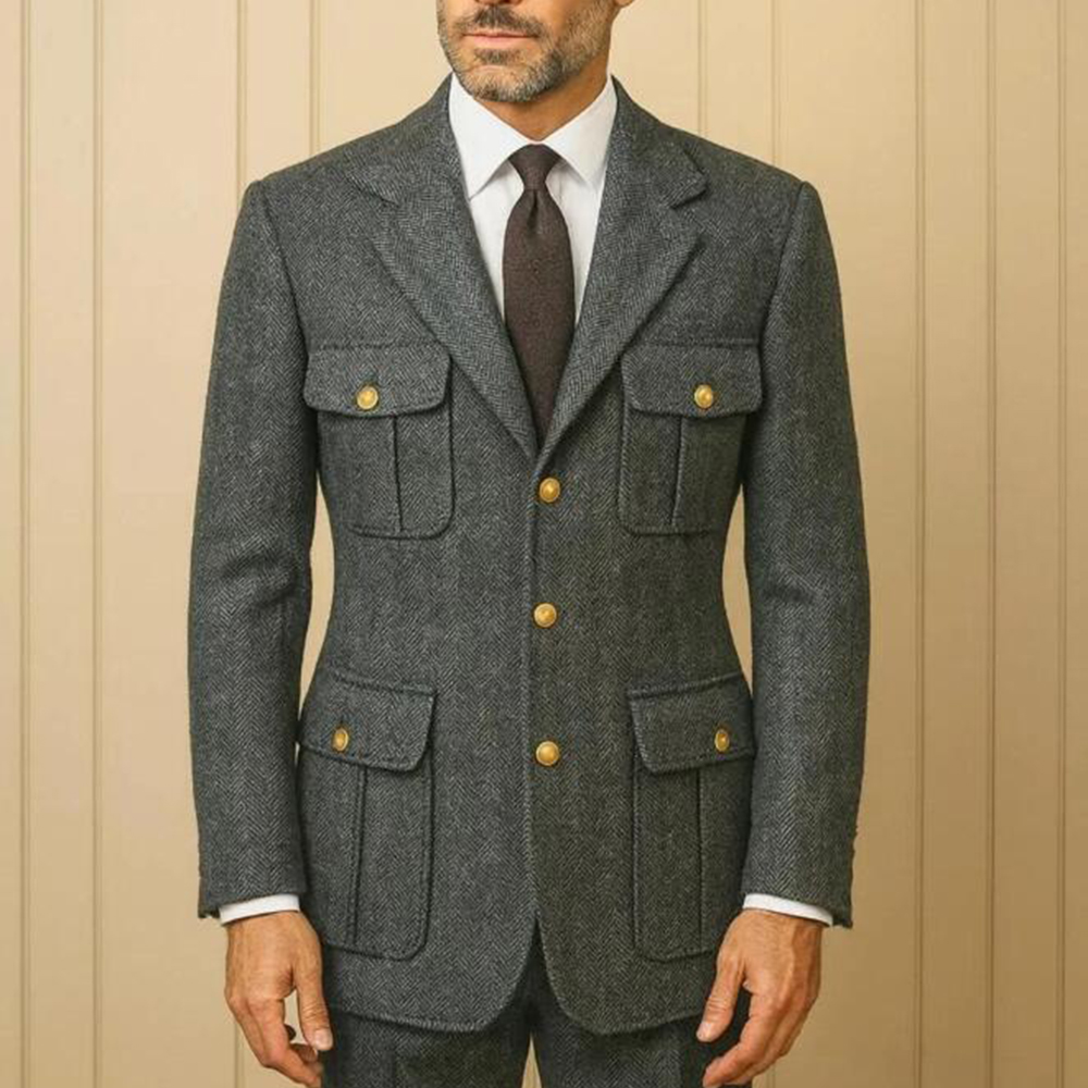 그레이 헤링본 수트 남성 2피스 세트 사파리 스타일 재 - Safari Outdoor Hunting Jackets 리뷰 및 가격