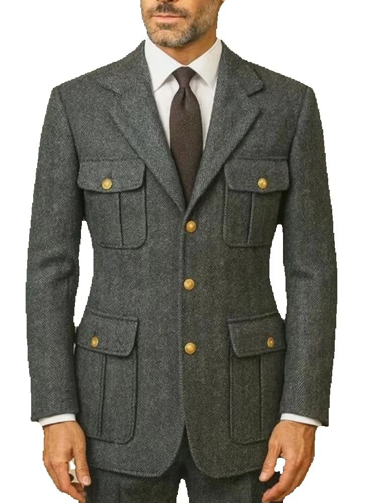 그레이 헤링본 수트 남성 2피스 세트 사파리 스타일 재 - Safari Outdoor Hunting Jackets 리뷰 및 가격