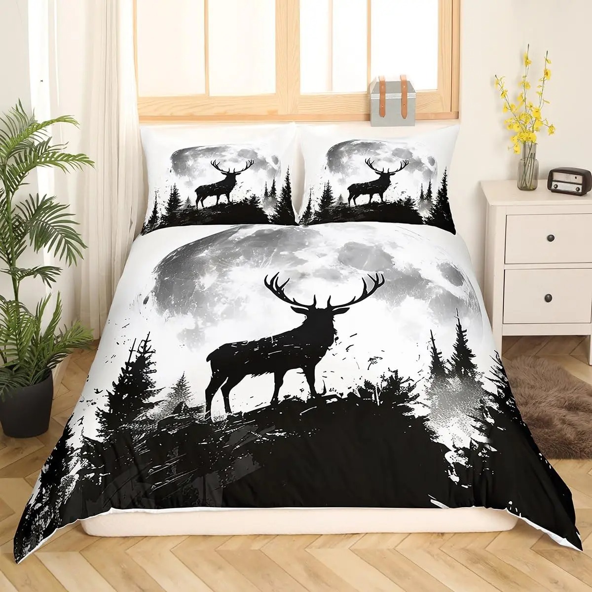 사슴 엘크 이불 커버 킹 퀸 농장 사슴 숲 이불 커버  - Hunting And Camping In Forest 리뷰 및 가격