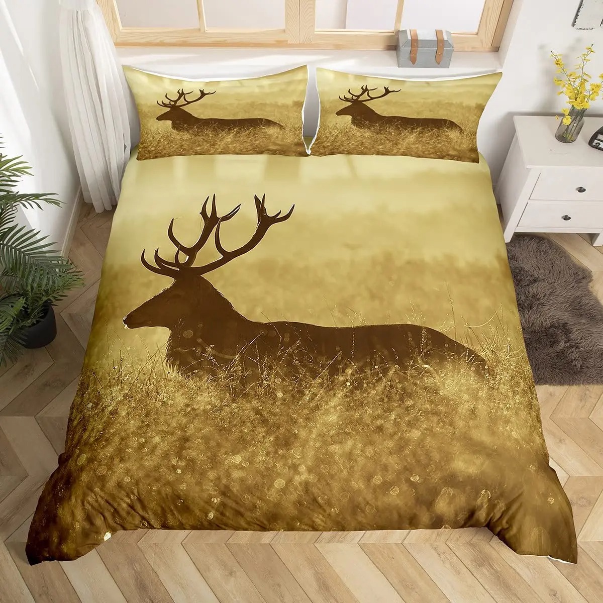 사슴 엘크 이불 커버 킹 퀸 농장 사슴 숲 이불 커버  - Hunting And Camping In Forest 리뷰 및 가격